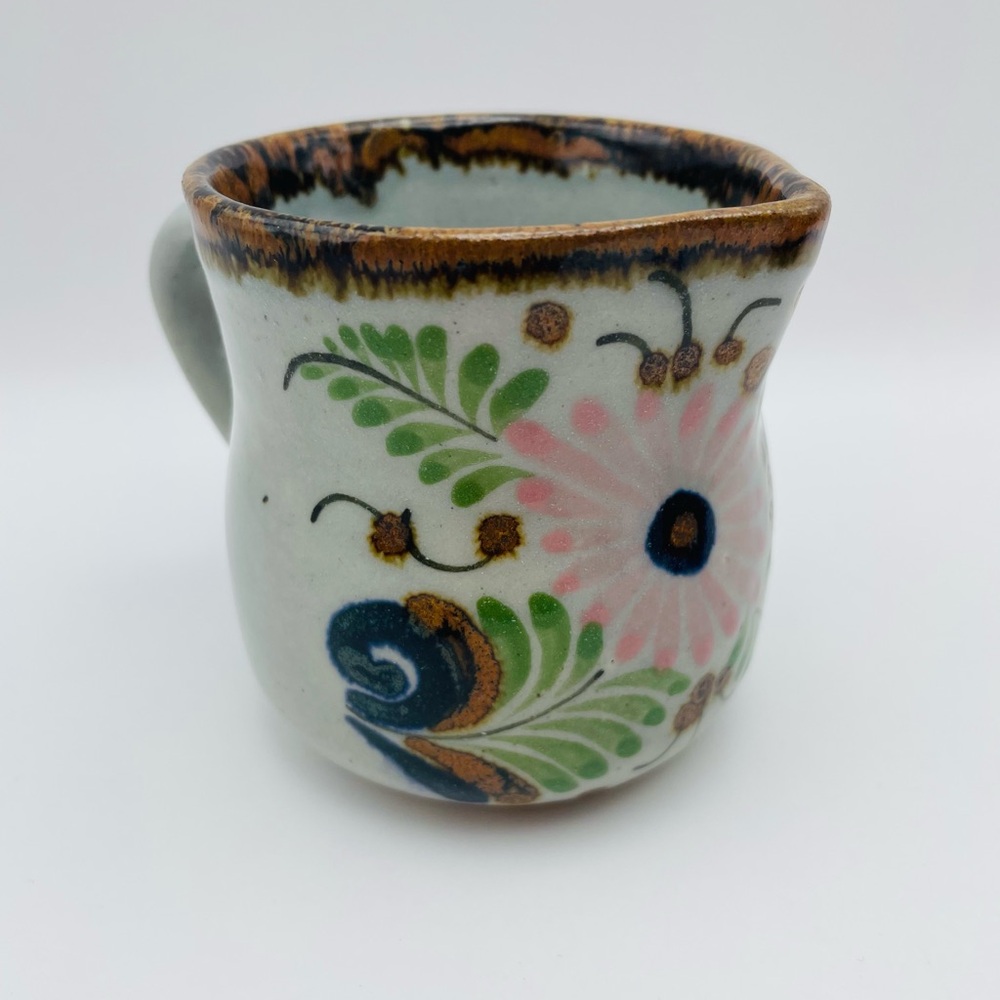 Ken Edwards Pottery Creamer/Pitcher 3.3” Tall Pink Flower El Palomar Mexico